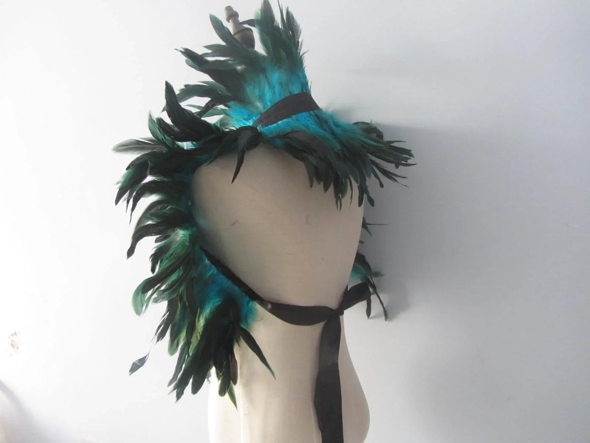 Teal and green feather headpiece cape, statement feather accessory for festivals, burlesque and costume parties