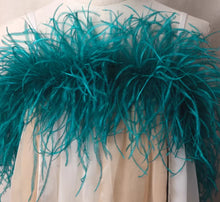Load image into Gallery viewer, Teal turquoise ostrich feather wrap, elegant shoulder cape for formal events, prom and photo shoots