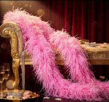 Load image into Gallery viewer, Ultra-thick pink ostrich feather boa, high-quality feather trim for glamorous costumes and party wear.