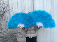 Load image into Gallery viewer, turquoise blue marabou feather fan, showing texture and fluffiness for product listings