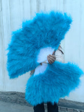 Load image into Gallery viewer, Turquoise blue marabou feather fan, soft fluffy handheld fan for photoshoots, performances and themed events