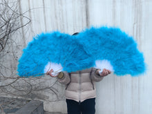 Load image into Gallery viewer, Turquoise blue marabou feather fan, cool-toned fan for bridal events, weddings and photoshoots