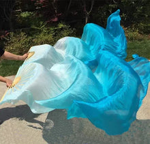 Load image into Gallery viewer, Turquoise blue silk veil fan, vibrant handheld fan for stage shows, beach events, themed parties and performances