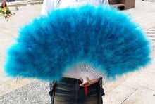 Load image into Gallery viewer, Large turquoise marabou feather fan, bold dance prop for burlesque, beach events and themed parties
