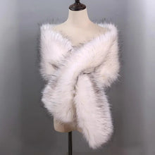 Load image into Gallery viewer, White faux fur wrap with black tips, elegant winter stole for weddings, evening gowns and formal events