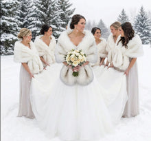 Load image into Gallery viewer, White faux fur wrap with brown tips worn by bridesmaids at a wedding, elegant and classic stole for winter events