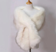 Load image into Gallery viewer, White faux fur wrap with brown tips, luxurious stole for weddings, evening gowns and formal events