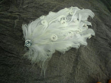 Load image into Gallery viewer, white feather hair pin, showing delicate feathers and clip design for bridal hairstyles