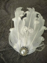 Load image into Gallery viewer, white feather hair pin, showcasing soft feathers and pearl accent for formal events