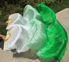 Load image into Gallery viewer, White and green gradient silk veil fan, classic handheld fan for burlesque, belly dance, stage shows and carnivals