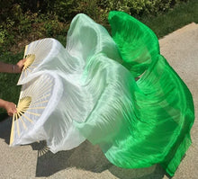 Load image into Gallery viewer, White and green gradient silk veil fan, soft handheld fan for spring events, photoshoots, belly dance and costumes