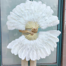 Load image into Gallery viewer, white ostrich feather fan, showing soft, fluffy feathers and the fan’s structure for events and performances