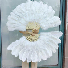 Load image into Gallery viewer, white ostrich feather fan, showing soft, fluffy feathers and the fan’s structure for events and performances