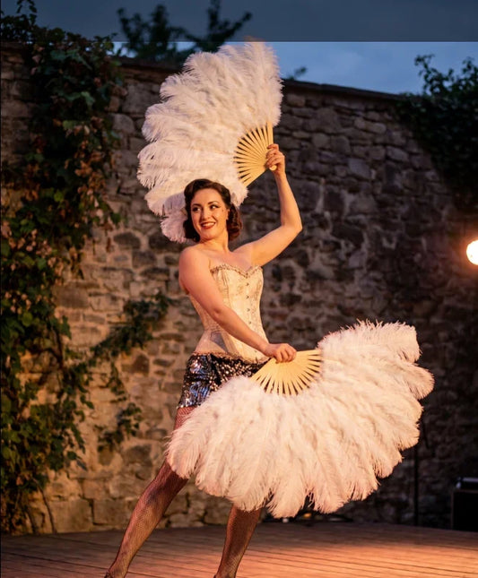 White ostrich feather fans for burlesque dance and outdoor stage shows
