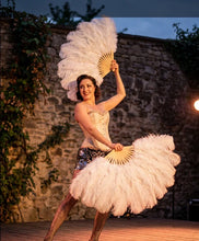 Load image into Gallery viewer, White ostrich feather fans for burlesque dance and outdoor stage shows