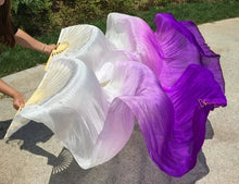 Load image into Gallery viewer, White and purple silk veil fan, elegant handheld fan for performances, themed parties, photoshoots and special occasions