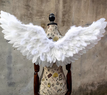 Load image into Gallery viewer, Wide-spread white feather angel wings, statement costume prop for weddings, photoshoots and cosplay