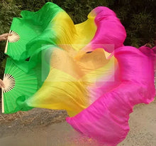 Load image into Gallery viewer, Yellow green pink silk veil fan, multi-color handheld fan for festivals, pride events, performances and photoshoots