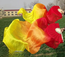 Load image into Gallery viewer, Yellow and orange gradient silk veil fan, warm handheld fan for fall events, festivals, performances and photoshoots