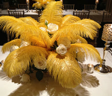 Load image into Gallery viewer, Yellow ostrich feather centerpiece, vibrant table decor for spring weddings, summer parties and cheerful events