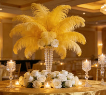 Load image into Gallery viewer, Yellow ostrich feather centerpiece, vibrant table decor for spring weddings, parties and seasonal events