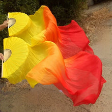 Load image into Gallery viewer, Yellow and red gradient silk veil fan, vibrant handheld fan for stage shows, performances, themed parties and events
