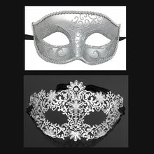 Load image into Gallery viewer, Men Women Couple Silver Metal Evil Skull and White Venetian Laser Cut Masquerade Masks - Dancefeather