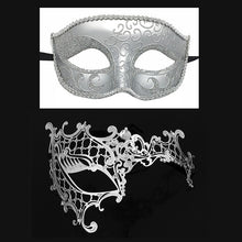 Load image into Gallery viewer, Men  Women Couple  Silver Metal Evil Skull and Venetian Laser Cut Masquerade Masks - Dancefeather
