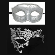 Load image into Gallery viewer, Men Women Couple Silver Metal Evil Skull and Venetian Laser Cut Masquerade Masks - Dancefeather