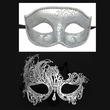 Load image into Gallery viewer, Men Women Couple Silver Metal Evil Skull and Venetian Laser Cut Masquerade Masks - Dancefeather
