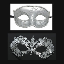 Load image into Gallery viewer, Men Women Couple Silver Metal Evil Skull and Venetian Laser Cut Masquerade Masks - Dancefeather