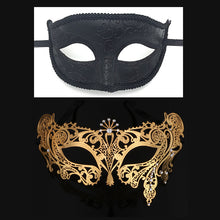 Load image into Gallery viewer, Men Women Couple Black Gold Metal Evil Skull and Venetian Laser Cut Masquerade Masks - Dancefeather