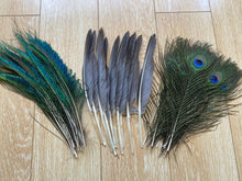 Load image into Gallery viewer, 15PCS Grey Turkey Quill + 15PCS peacock EYE +15PCS Peacock Sword Feathers for home table decorations - Dancefeather