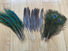 Load image into Gallery viewer, 15PCS Grey Turkey Quill + 15PCS peacock EYE +15PCS Peacock Sword Feathers for home table decorations - Dancefeather