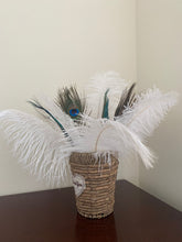 Load image into Gallery viewer, 10 White Ostrich feathers 5 Peacock Swords 5 Peacock Eyes for wedding centerpiece DIY Hat Milliery - Dancefeather
