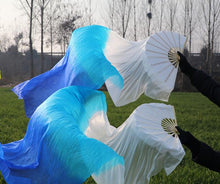 Load image into Gallery viewer, 2pieces/pair 50x70inch Large Silk white turquoise royal blue Dance Fan Burlesque Dance fan Bridal Bouquet
