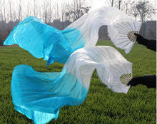 Load image into Gallery viewer, 2pieces/pair 50x70inch Large Silk white turquoise royal blue Dance Fan Burlesque Dance fan Bridal Bouquet