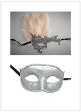 Load image into Gallery viewer, Man Women couple Silver feather party event Masquerade Masks red hot pink yellow - Dancefeather