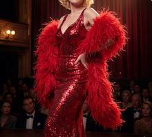 Load image into Gallery viewer, Classic scarlet red ostrich feather boa, a statement piece for dance performances and photo shoots.

