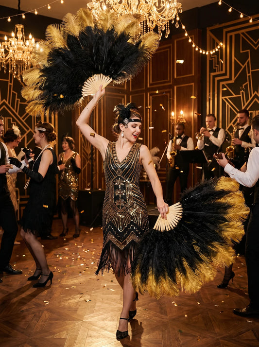 Black and gold ostrich feather fans for burlesque performance and vintage style cabaret show