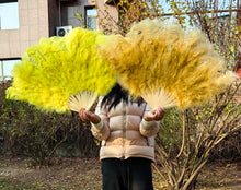 Load image into Gallery viewer, 24x36inch Large Gold Ostrich Feather Fan Burlesque Dance feather fan Bridal Bouquet
