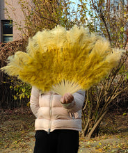Load image into Gallery viewer, 20x36inch Large Gold Ostrich Feather Fan Burlesque Dance feather fan Bridal Bouquet
