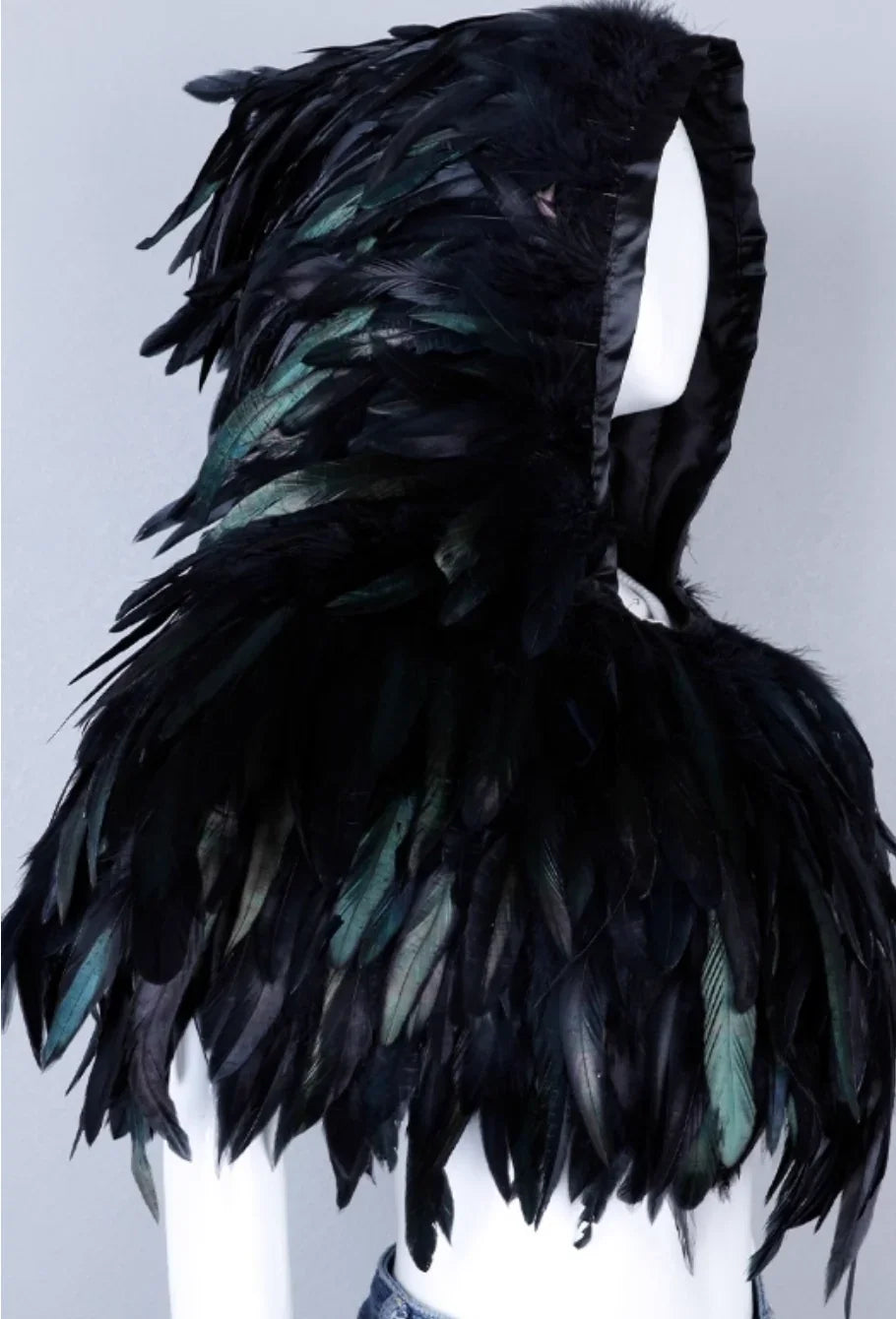 Iridescent Black Feather Cape with Hood - Gothic Raven Feather Shawl for Halloween, Cosplay & Festival Outfits