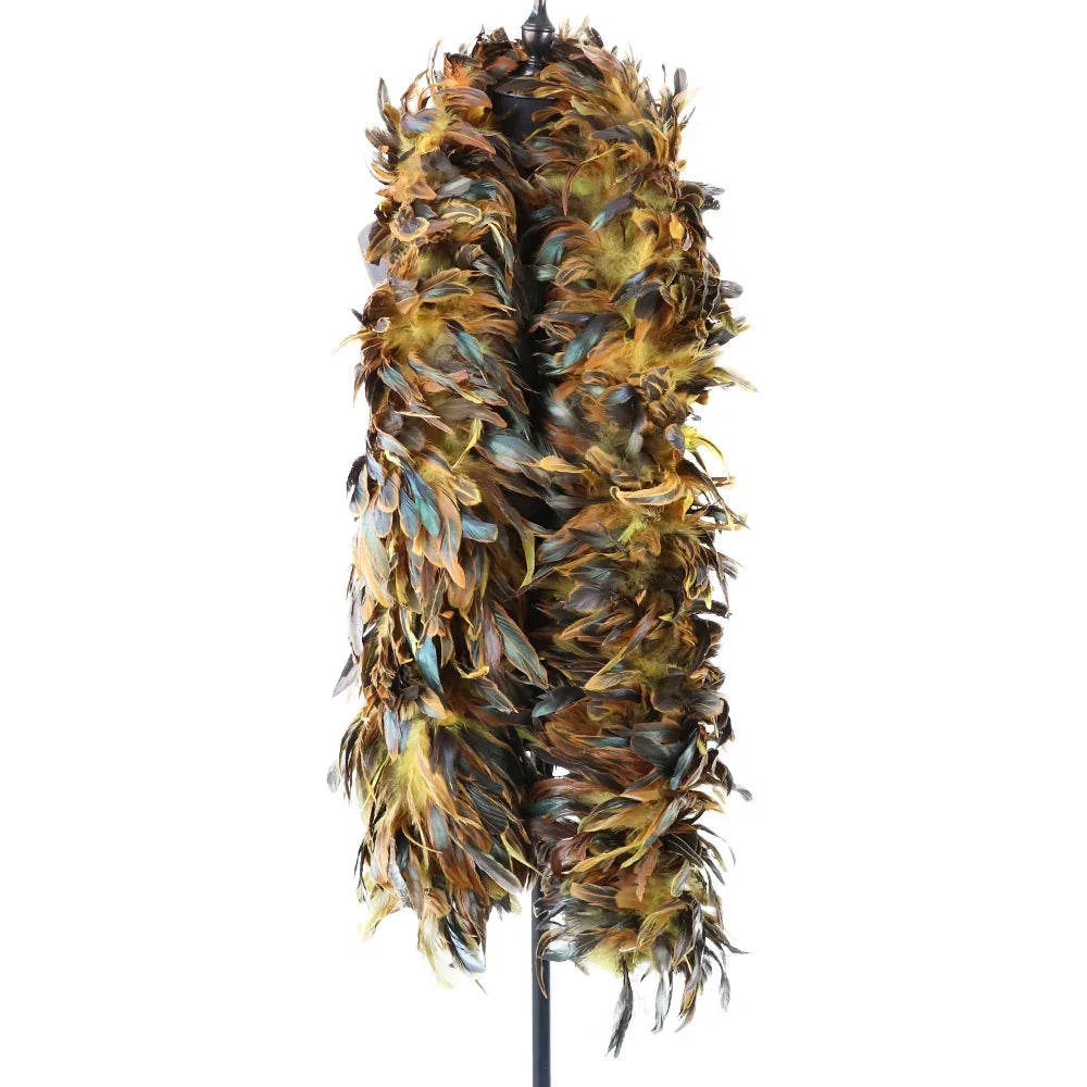 Close-up of a thick feather boa featuring a blend of iridescent green, earthy brown, and vibrant orange turkey feathers.