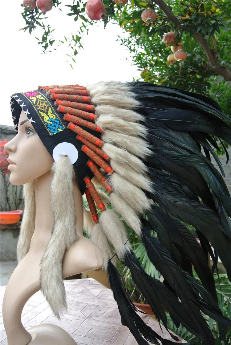 Colorful Feather Warbonnet with Red Accents - Native American Inspired Headdress for Festivals, Themed Parties & Photoshoot