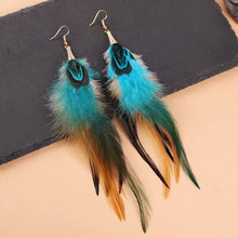 Load image into Gallery viewer, Handmade Long Vintage Feather Earrings — Boho Statement Dangles

