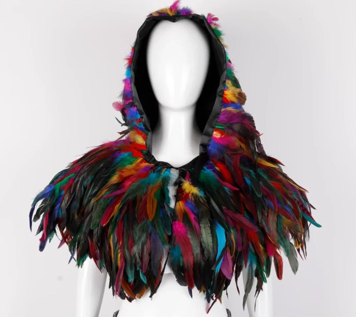 Mannequin wearing a colorful feathered hood against a white background