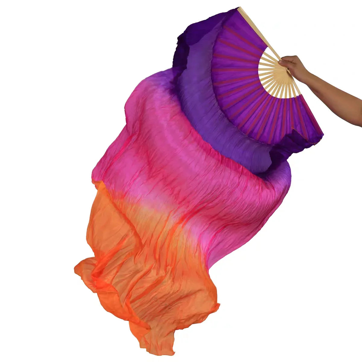 Warm sunset-themed orange and purple gradient silk fan veil, ideal for evening performances.