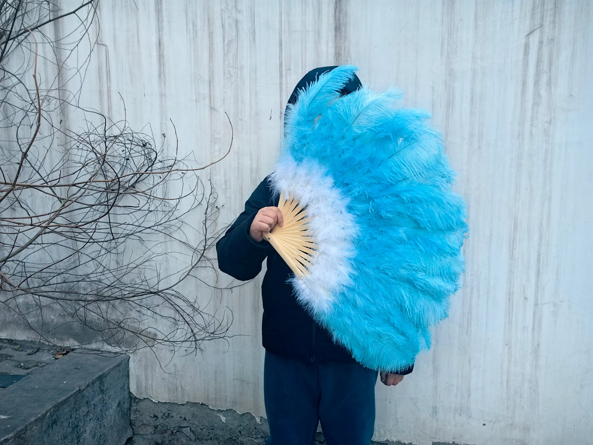 Aqua blue and white ostrich feather fan, two-tone fluffy fan for performances, events and beach-themed parties