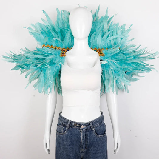 Aqua turquoise feather shoulder cape, beach-themed costume accessory for festivals, photo shoots, and parties